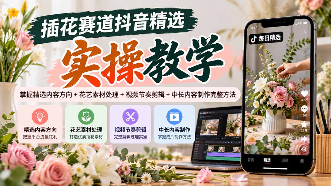 插花赛道抖音精选实操教学：掌握精选内容方向+花艺素材处理+视频节奏剪辑+中长内容制作完整方法-宣源知识学堂