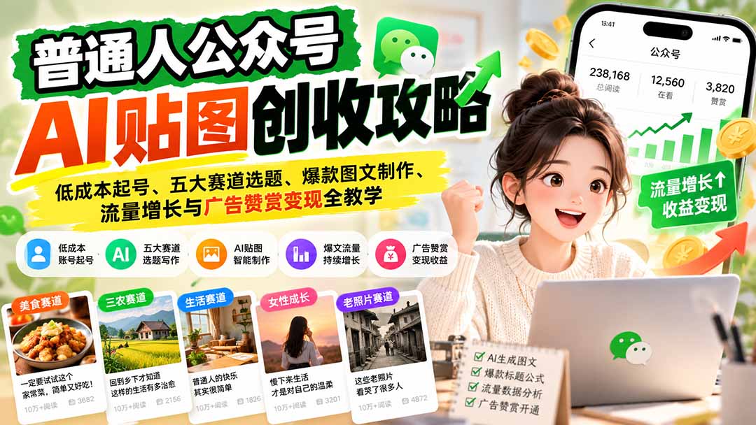 普通人公众号AI贴图创收攻略：低成本起号、五大赛道选题、爆款图文制作、流量增长与广告赞赏变现全教学-宣源知识学堂