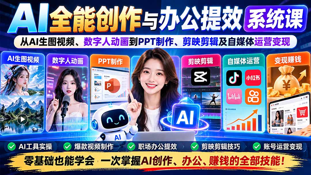 AI全能创作与办公提效系统课:从AI生图视频、数字人动画到PPT制作、剪映剪辑及自媒体运营变现-宣源知识学堂