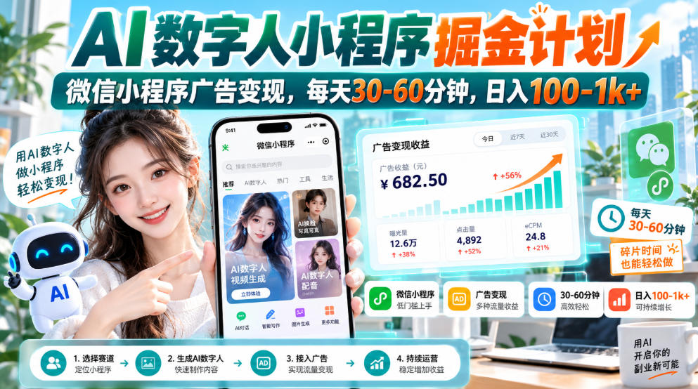 【无水印】AI数字人小程序掘金计划，微信小程序广告变现，每天30‑60分钟，日入100‑1k+-宣源知识学堂