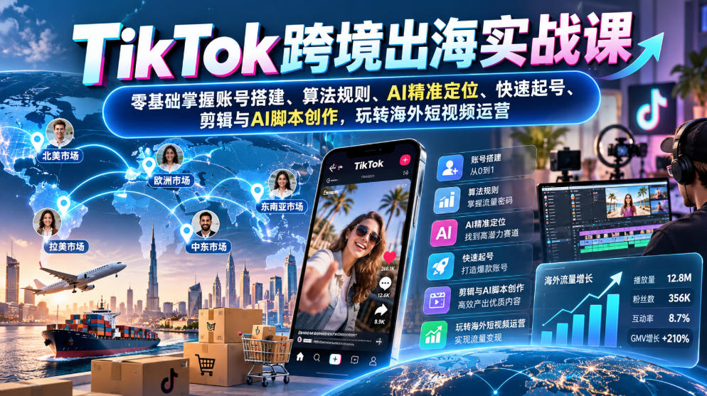 TikTok跨境出海实战课：零基础掌握账号搭建、算法规则、AI精准定位、快速起号、剪辑与AI脚本创作，玩转海外短视频运营-宣源知识学堂