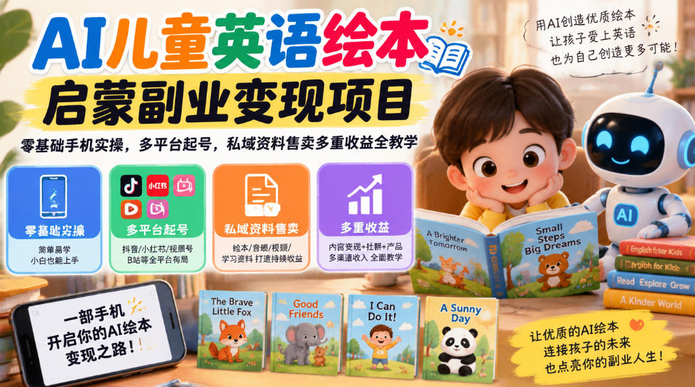 AI儿童英语绘本启蒙副业变现项目，零基础手机实操，多平台起号，私域资料售卖多重收益全教学-宣源知识学堂