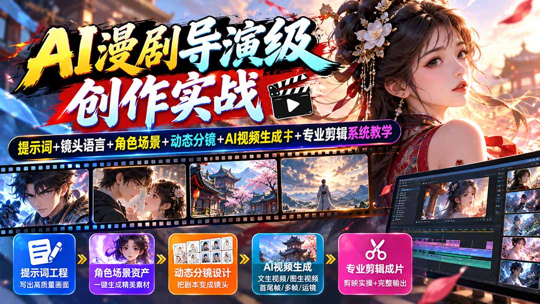 AI漫剧导演级创作实战:提示词+镜头语言+角色场景+动态分镜+AI视频生成+专业剪辑系统教学-宣源知识学堂