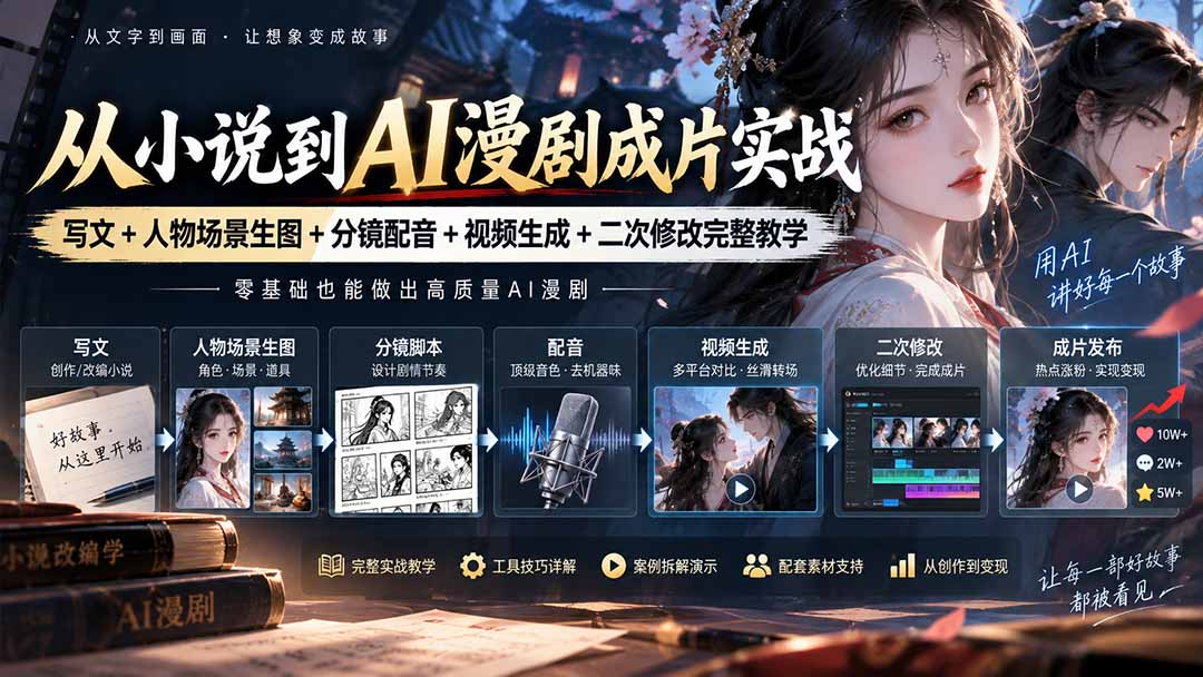 从小说到AI漫剧成片实战：写文+人物场景生图+分镜配音+视频生成+二次修改完整教学-宣源知识学堂