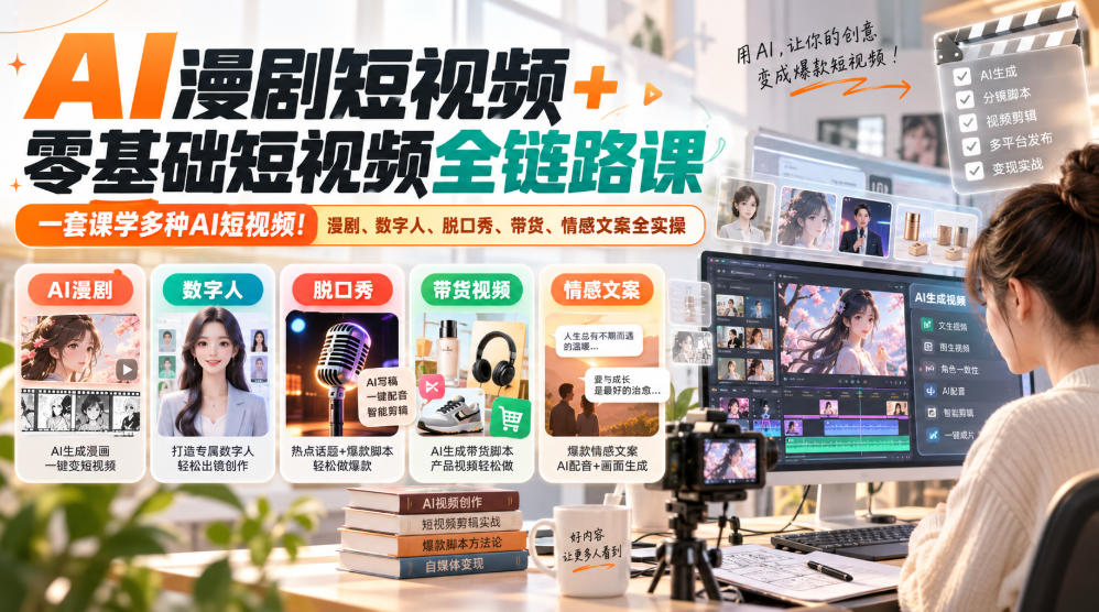 AI漫剧短视频+零基础短视频全链路课，一套课学多种AI短视频！漫剧、数字人、脱口秀、带货、情感文案全实操-宣源知识学堂