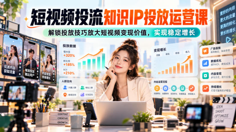 短视频投流知识IP投放运营课，解锁投放技巧放大短视频变现价值，实现稳定增长-宣源知识学堂
