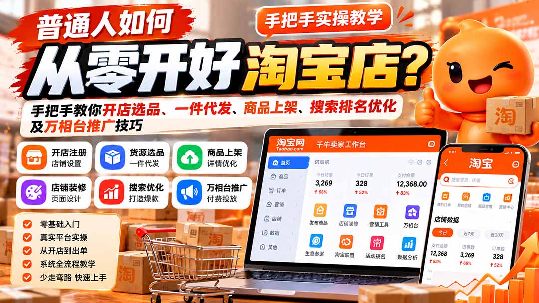 普通人如何从零开好淘宝店？手把手教你开店选品、一件代发、商品上架、搜索排名优化及万相台推广技巧-宣源知识学堂