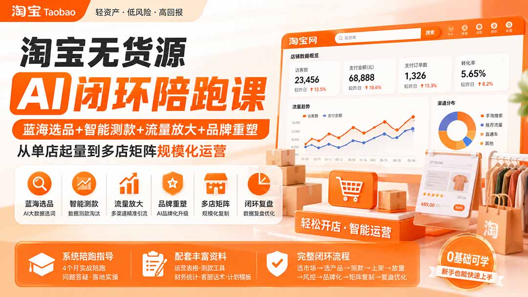 淘宝无货源AI闭环陪跑课：蓝海选品+智能测款+流量放大+品牌重塑，从单店起量到多店矩阵规模化运营-宣源知识学堂