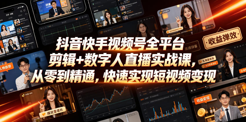抖音快手视频号全平台剪辑+数字人直播实战课，从零到精通，快速实现短视频变现(更新2026年10月)-宣源知识学堂