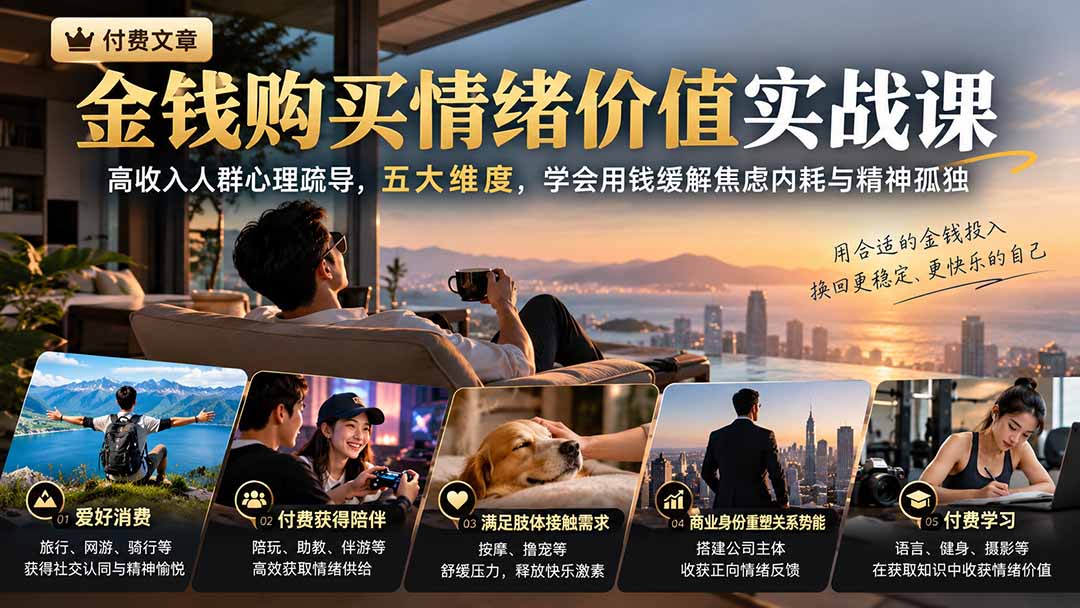 付费文章：金钱购买情绪价值实战课｜高收入人群心理疏导，五大维度，学会用钱缓解焦虑内耗与精神孤独-宣源知识学堂