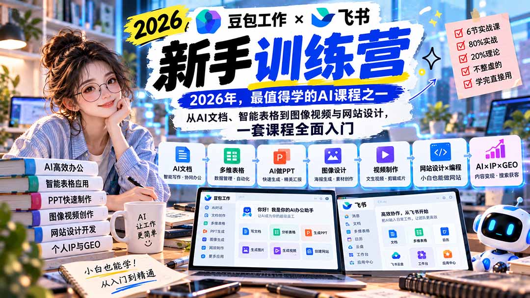 2026豆包工作+飞书新手训练营-9月新课：从AI文档、智能表格到图像视频与网站设计，一套课程全面入门-宣源知识学堂