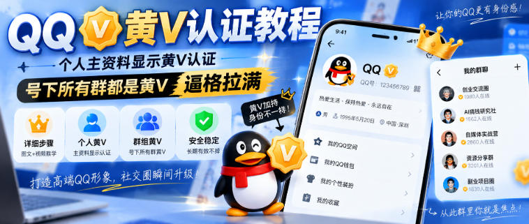 QQ黄V认证教程，个人主资料显示黄V认证，号下所有群都是黄V，逼格拉满-宣源知识学堂