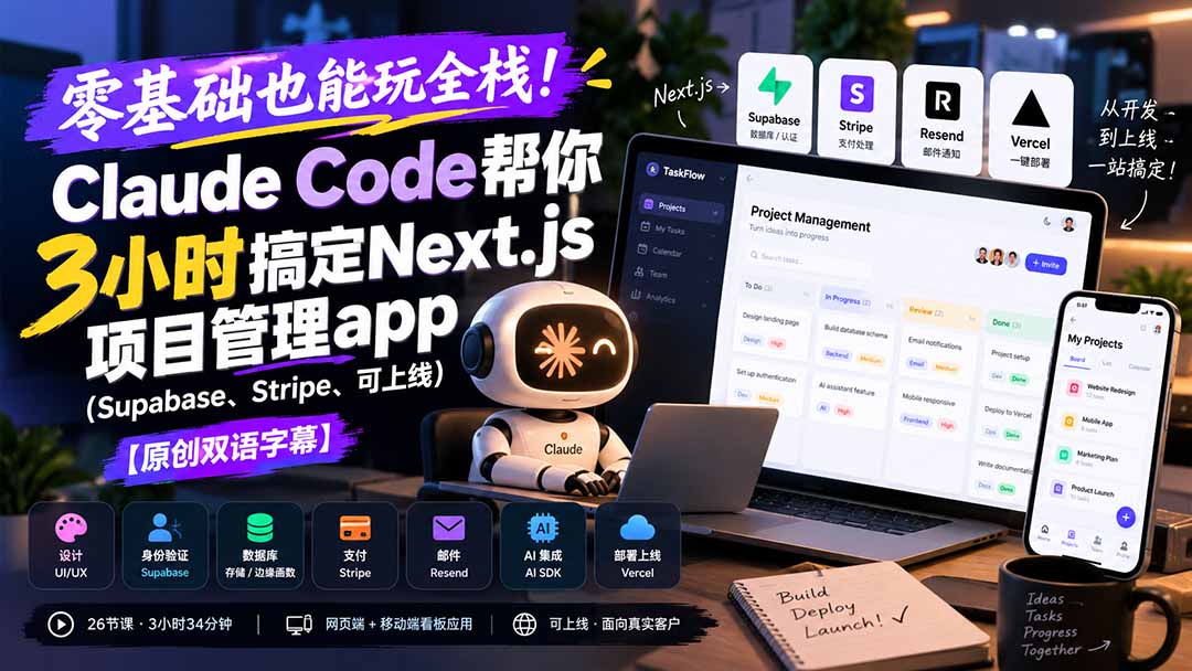 零基础也能玩全栈！Claude Code帮你3小时搞定Next.js项目管理app(Supabase、Stripe、可上线-宣源知识学堂