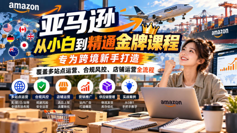 亚马逊从小白到精通金牌课程，专为跨境新手打造，覆盖多站点运营、合规风控、店铺运营全流程-宣源知识学堂