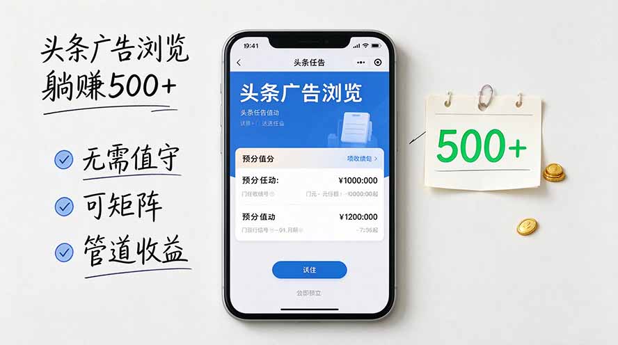 头条广告浏览躺赚500+无需值守，可矩阵并附有管道收益-宣源知识学堂