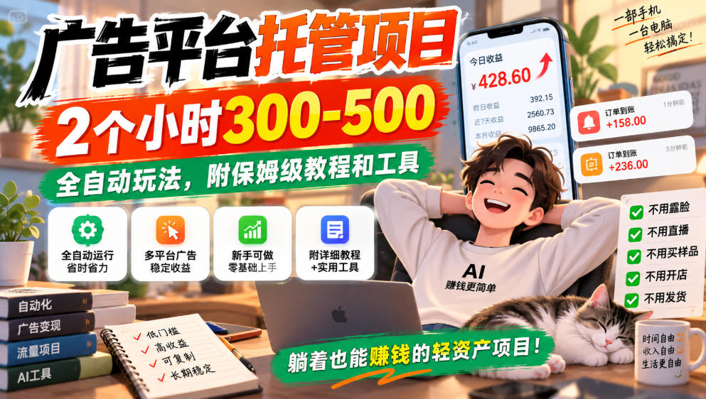 广告平台托管项目，2个小时300-500，全自动玩法，附保姆级教程和工具，小白照着就能做【揭秘】-宣源知识学堂