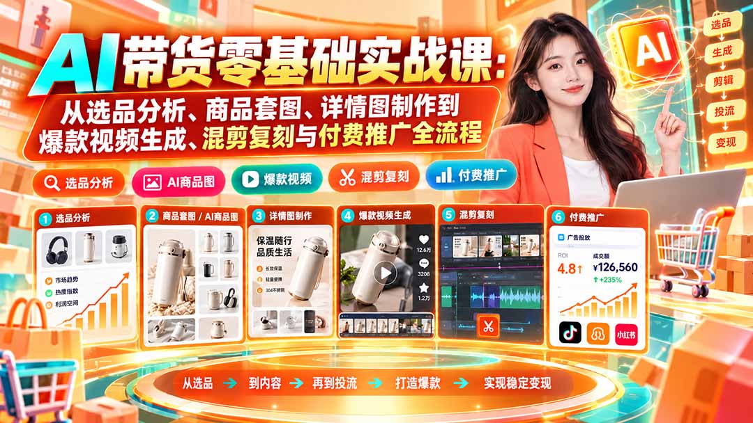 AI带货零基础实战课：从选品分析、商品套图、详情图制作到爆款视频生成、混剪复刻与付费推广全流程-宣源知识学堂