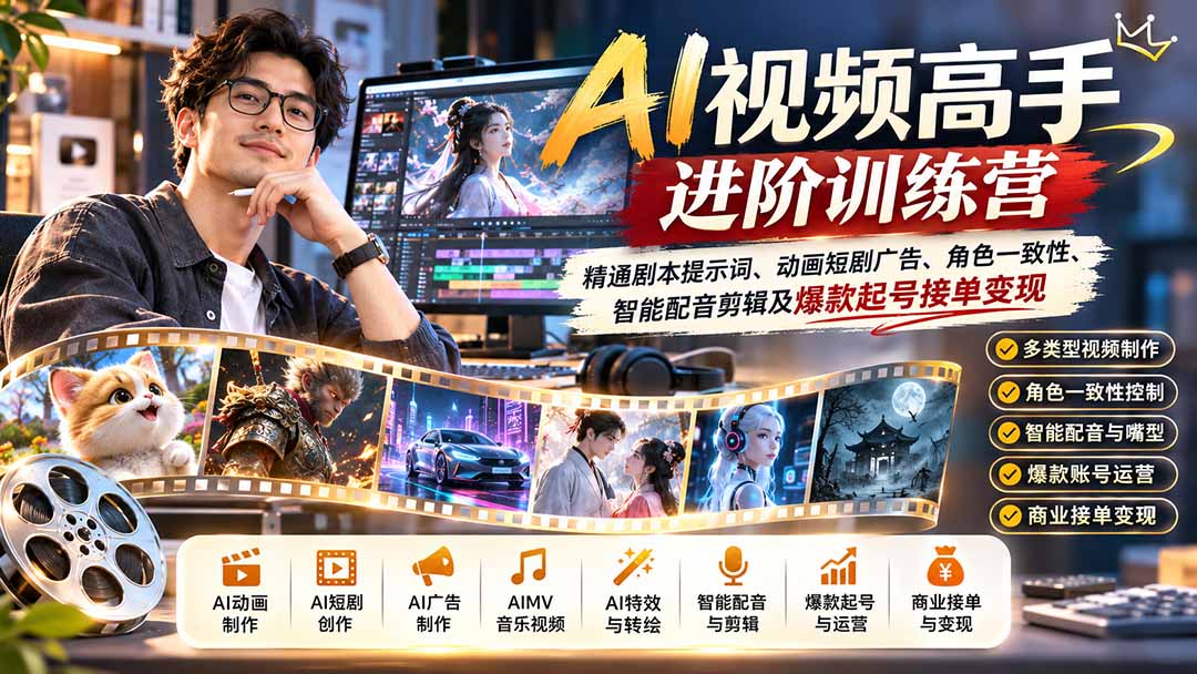 AI视频高手进阶训练营：精通剧本提示词、动画短剧广告、角色一致性、智能配音剪辑及爆款起号接单变现-宣源知识学堂