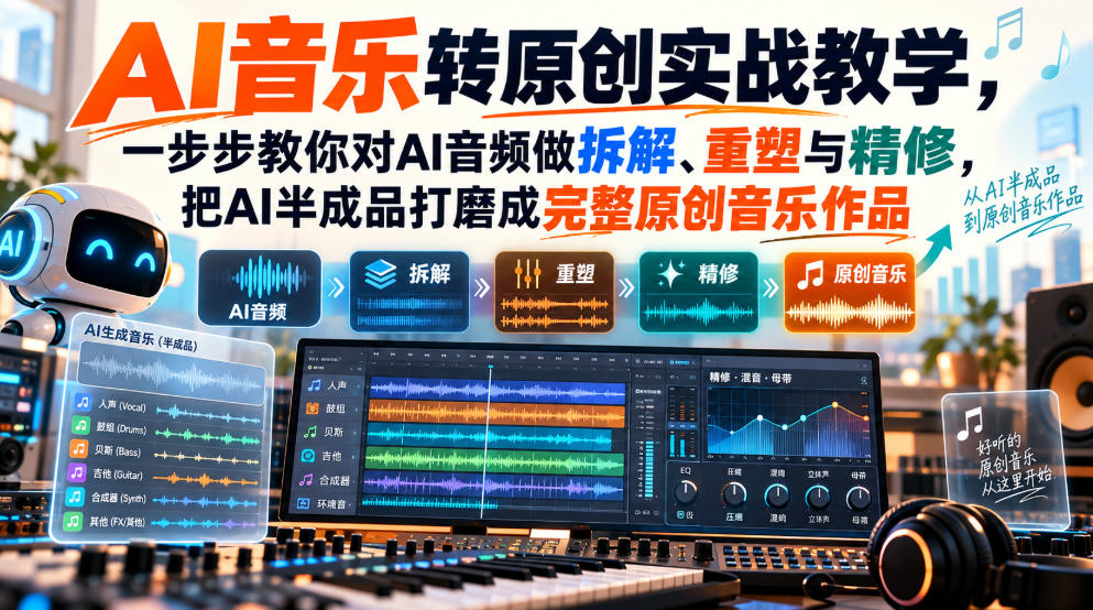 AI音乐转原创实战教学，一步步教你对AI音频做拆解、重塑与精修，把AI半成品打磨成完整原创音乐作品-宣源知识学堂