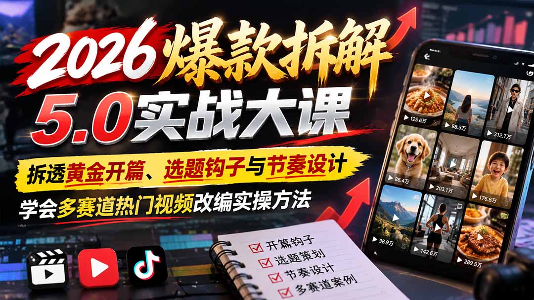 2026爆款拆解5.0实战大课:拆透黄金开篇、选题钩子与节奏设计,学会多赛道热门视频改编实操方法-宣源知识学堂