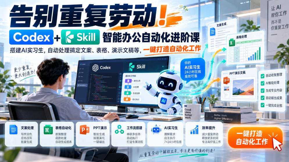告别重复劳动！Codex+Skill智能办公自动化进阶课｜搭建AI实习生，自动处理搞定文案、表格、演示文稿等，一键打造自动化工作-宣源知识学堂
