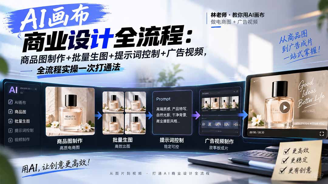AI画布商业设计全流程:商品图制作+批量生图+提示词控制+广告视频,全流程实操一次打通法-宣源知识学堂