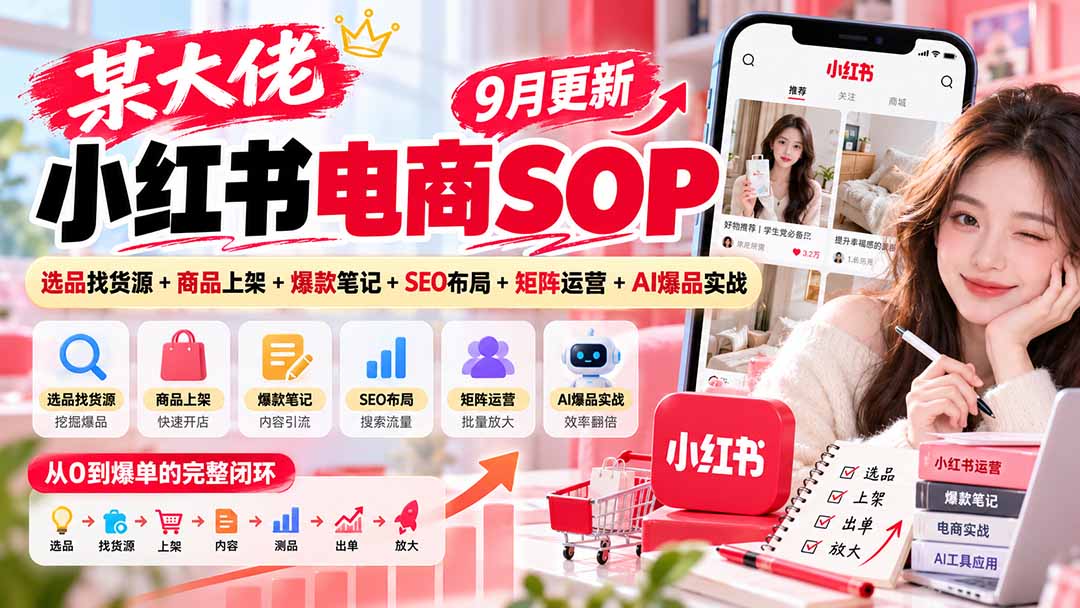 某大佬小红书电商SOP|9月更新:选品找货源+商品上架+爆款笔记+SEO布局+矩阵运营+AI爆品实战-宣源知识学堂