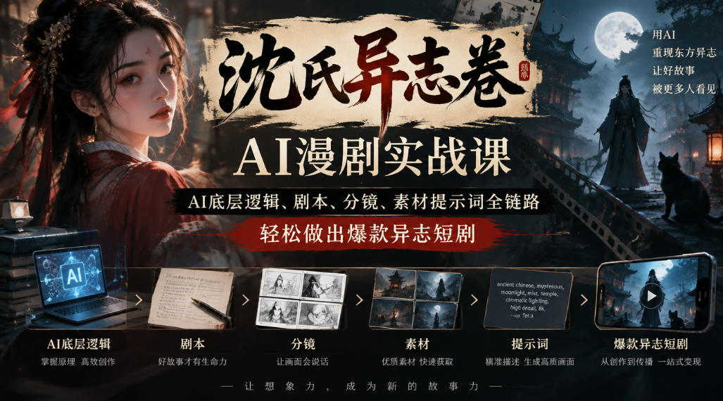 沈氏异志卷AI漫剧实战课｜AI底层逻辑、剧本、分镜、素材提示词全链路，轻松做出爆款异志短剧-宣源知识学堂
