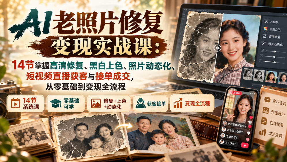 AI老照片修复变现实战课：14节掌握高清修复、黑白上色、照片动态化、短视频直播获客与接单成交，从零基础到变现全流程-宣源知识学堂
