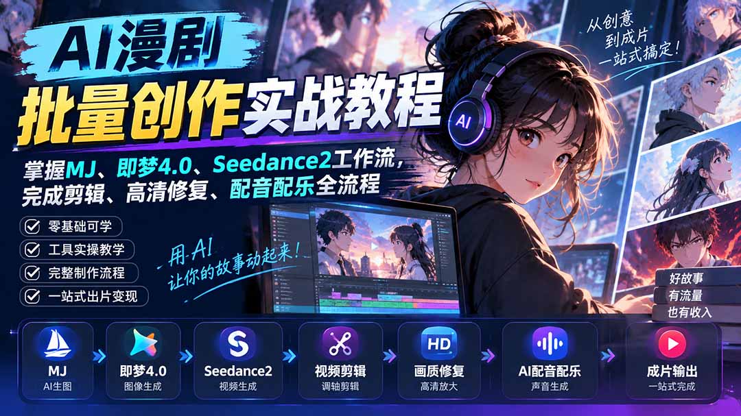 AI漫剧批量创作实战教程：掌握MJ、即梦4.0、Seedance2工作流，完成剪辑、高清修复、配音配乐全流程-宣源知识学堂