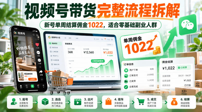 视频号带货完整流程拆解，新号单周结算佣金1022，适合零基础副业人群-宣源知识学堂