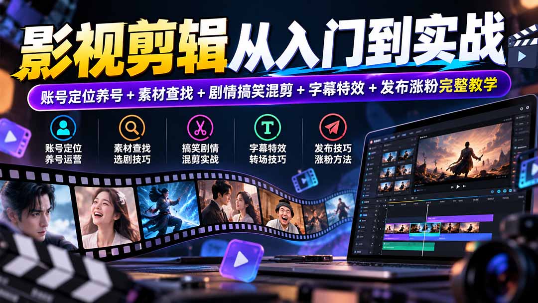 影视剪辑从入门到实战：账号定位养号+素材查找+剧情搞笑混剪+字幕特效+发布涨粉完整教学-宣源知识学堂