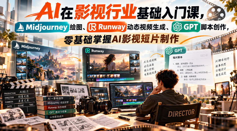【无水印】AI在影视行业基础入门课，Midjourney绘图、Runway动态视频生成、GPT脚本创作，零基础掌握AI影视短片制作-宣源知识学堂