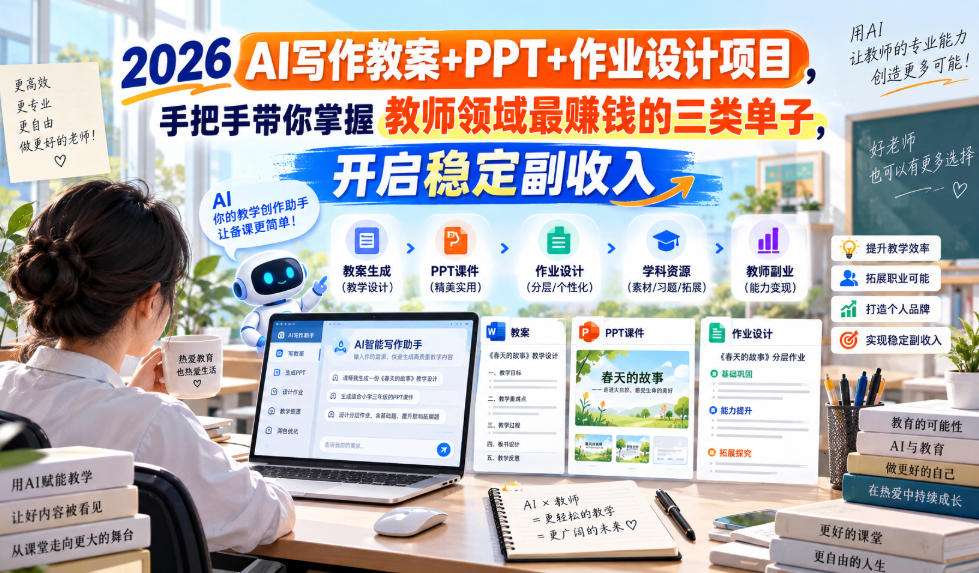 2026 AI写作教案+PPT+作业设计项目，手把手带你掌握教师领域最賺钱的三类单子，开启稳定副收入-宣源知识学堂