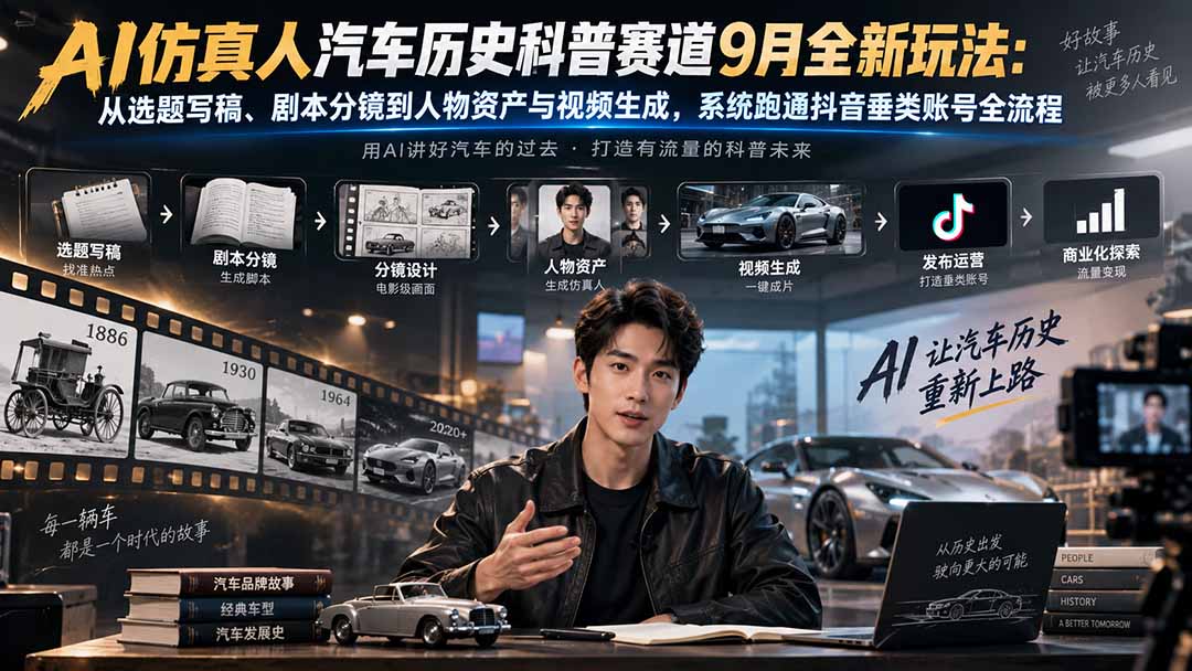 AI仿真人汽车历史科普赛道9月全新玩法：从选题写稿、剧本分镜到人物资产与视频生成，系统跑通抖音垂类账号全流程-宣源知识学堂