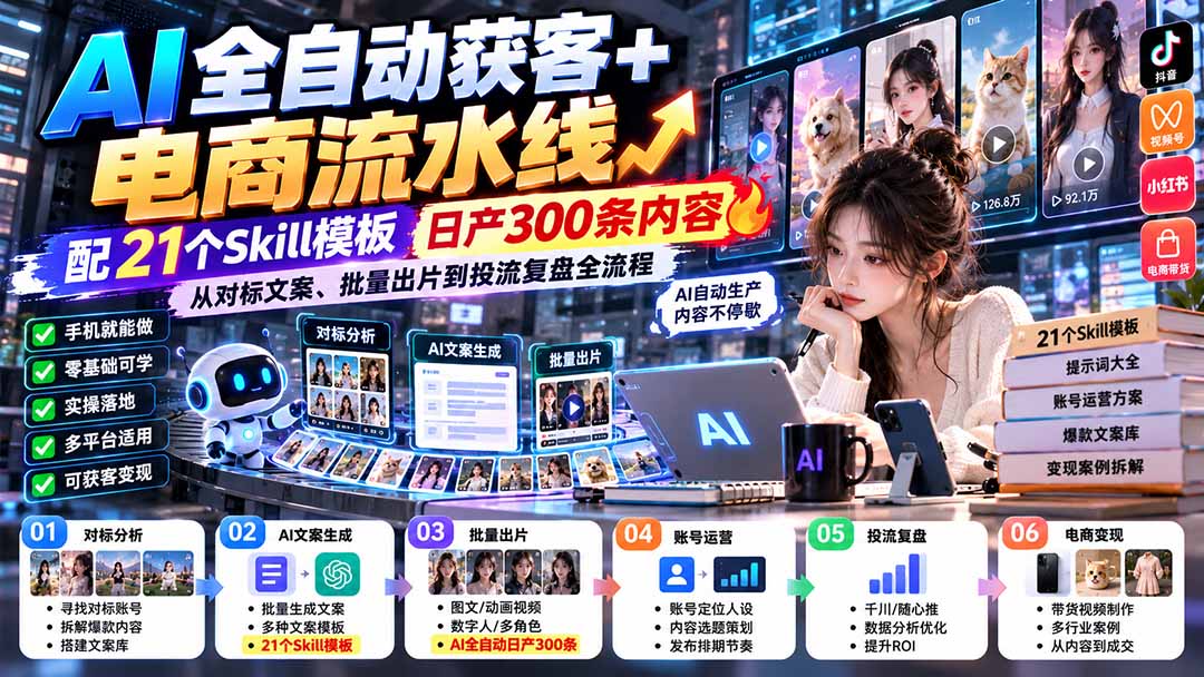 【无水印】AI全自动获客+电商流水线:配21个Skill模板,日产300条内容,从对标文案、批量出片到投流复盘全流程-宣源知识学堂