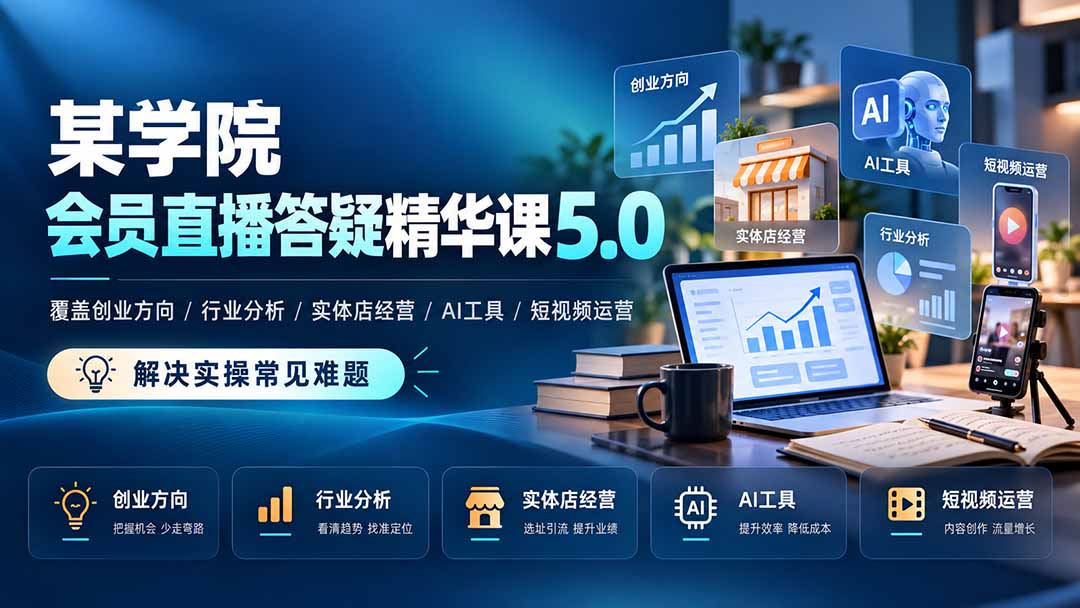 某学院会员直播答疑精华课5.0：覆盖创业方向、行业分析、实体店经营、AI工具和短视频运营，解决实操常见难题！-宣源知识学堂