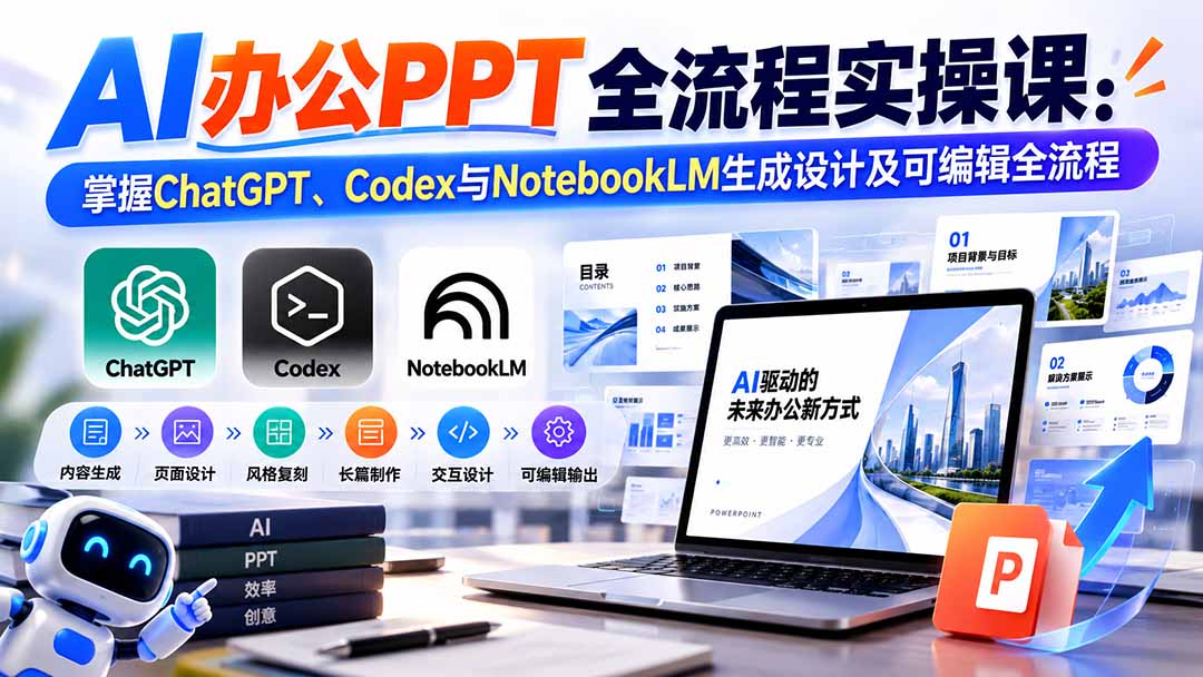 【无水印】AI办公PPT全流程实操课: 掌握ChatGPT、Codex与NotebookLM生成设计及可编辑全流程-宣源知识学堂