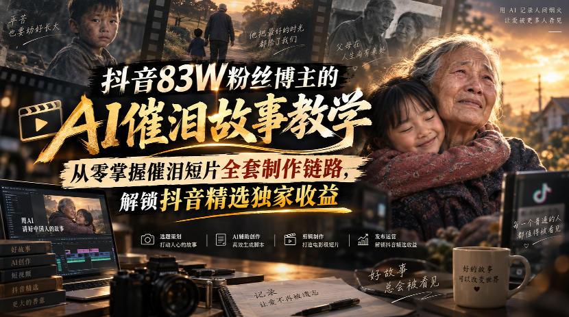 抖音83W粉丝博主的AI催泪故事教学，从零掌握催泪短片全套制作链路，解锁抖音精选独家收益-宣源知识学堂