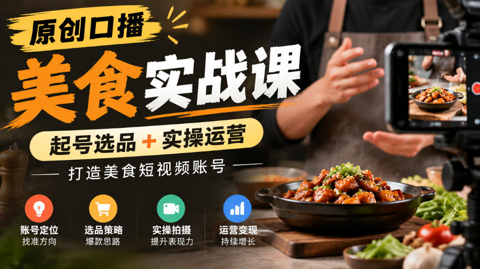 原创口播美食实战课，起号选品+实操运营，打造美食短视频账号-宣源知识学堂