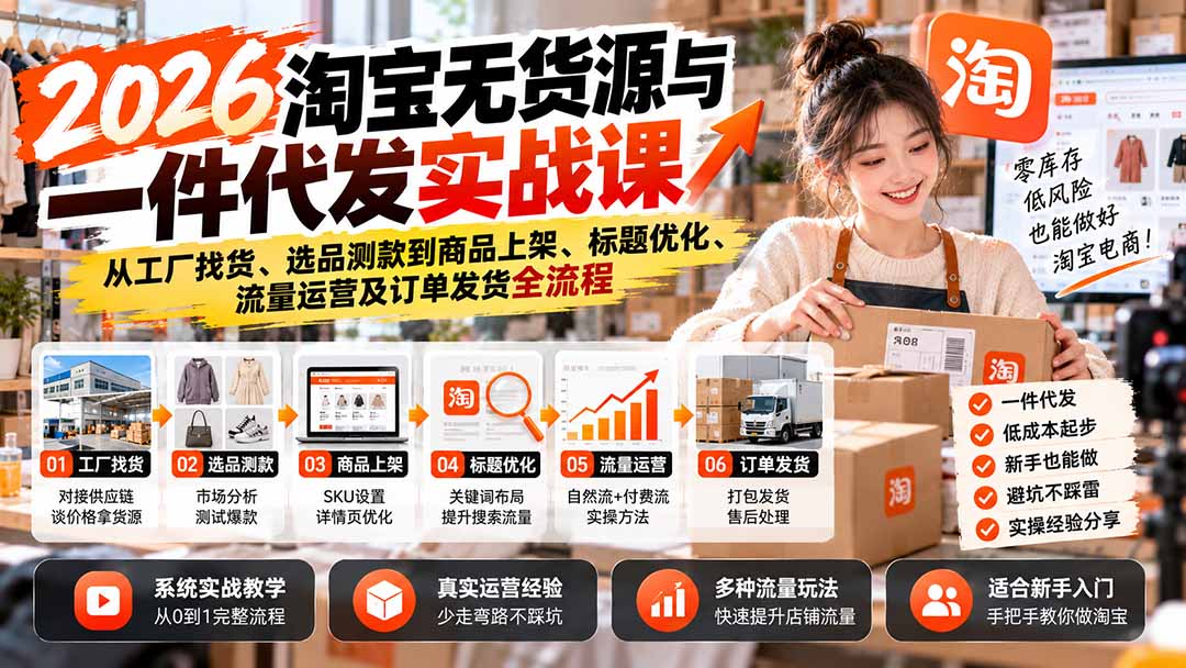 2026淘宝无货源与一件代发实战课：从工厂找货、选品测款到商品上架、标题优化、流量运营及订单发货全流程-宣源知识学堂