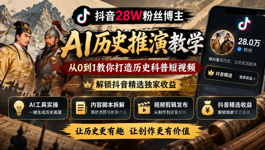 抖音28W粉丝博主的AI历史推演教学，从0到1教你打造历史科普短视频，解锁抖音精选独家收益-宣源知识学堂