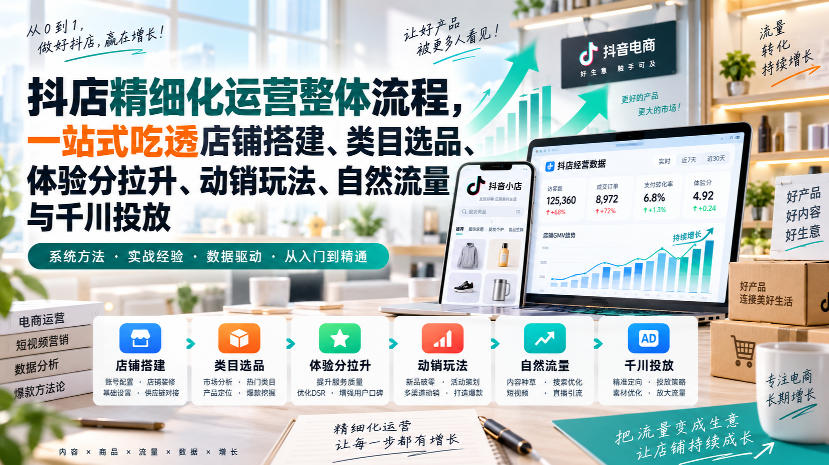 李哥电商-抖店精细化运营整体流程，一站式吃透店铺搭建、类目选品、体验分拉升、动销玩法、自然流量与千川投放-宣源知识学堂