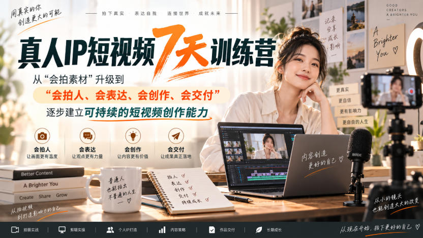 真人IP短视频7天训练营，从“会拍素材”升级到“会拍人、会表达、会创作、会交付”，逐步建立可持续的短视频创作能力-宣源知识学堂