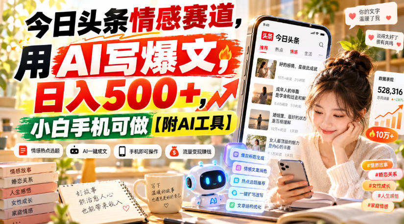 今日头条情感赛道，用AI写爆文，日入500+，小白手机可做【附AI工具】-宣源知识学堂