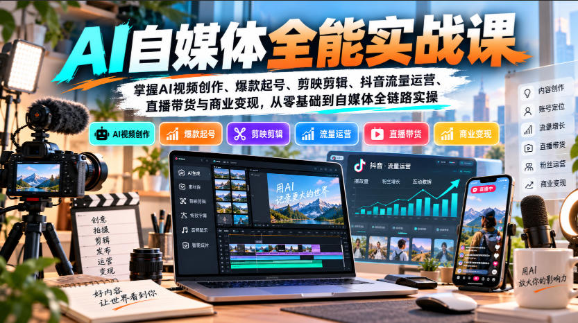 【无水印】AI自媒体全能实战课，掌握AI视频创作、爆款起号、剪映剪辑、抖音流量运营、直播带货与商业变现，从零基础到自媒体全链路实操-宣源知识学堂