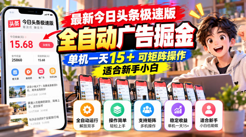 最新今日头条极速版全自动广告掘金，单机一天15+可矩阵操作适合新手小白-宣源知识学堂