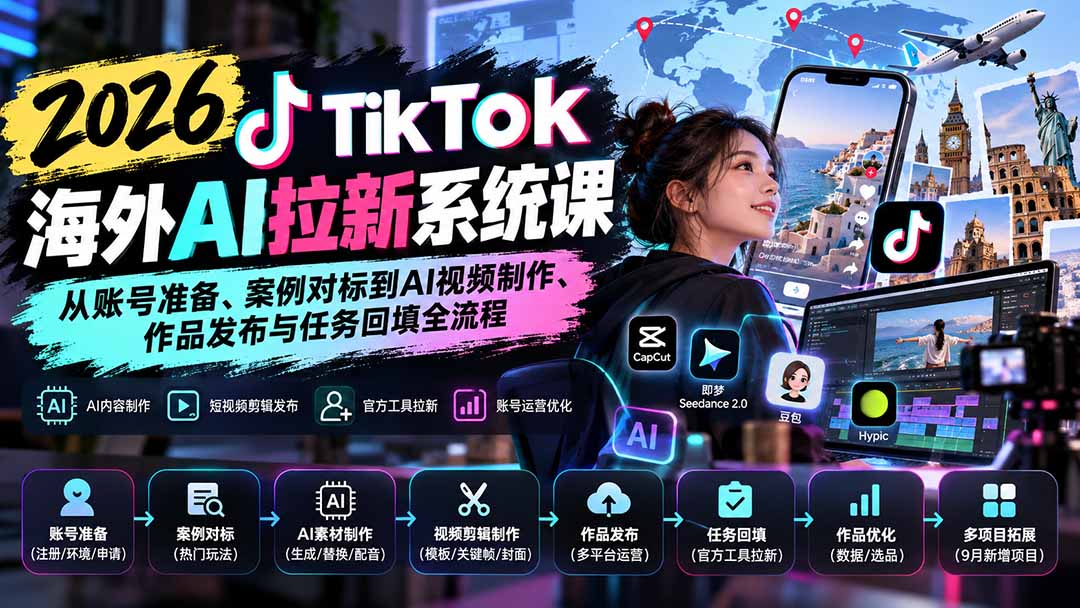 【无水印】2026 TikTok海外AI拉新系统课：从账号准备、案例对标到AI视频制作、作品发布与任务回填全流程-宣源知识学堂