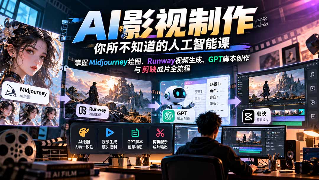 【无水印】AI影视制作-你所不知道的人工智能课，掌握Midjourney绘图、Runway视频生成、GPT脚本创作与剪映成片全流程-宣源知识学堂