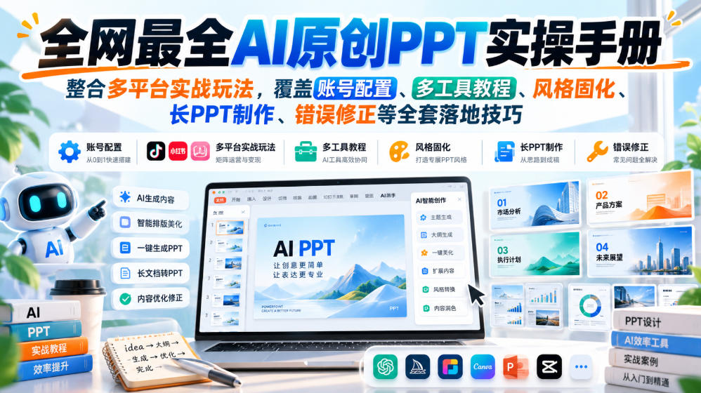 全网最全AI原创PPT实操手册，整合多平台实战玩法，覆盖账号配置、多工具教程、风格固化、长PPT制作、错误修正等全套落地技巧-宣源知识学堂